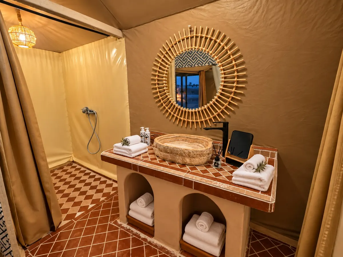 The bathroom inside a tent at the desert camp near Merzouga, with a shower, basin and towels